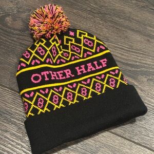 Other Half Black Pom Beanie with Pink & Yellow Pattern